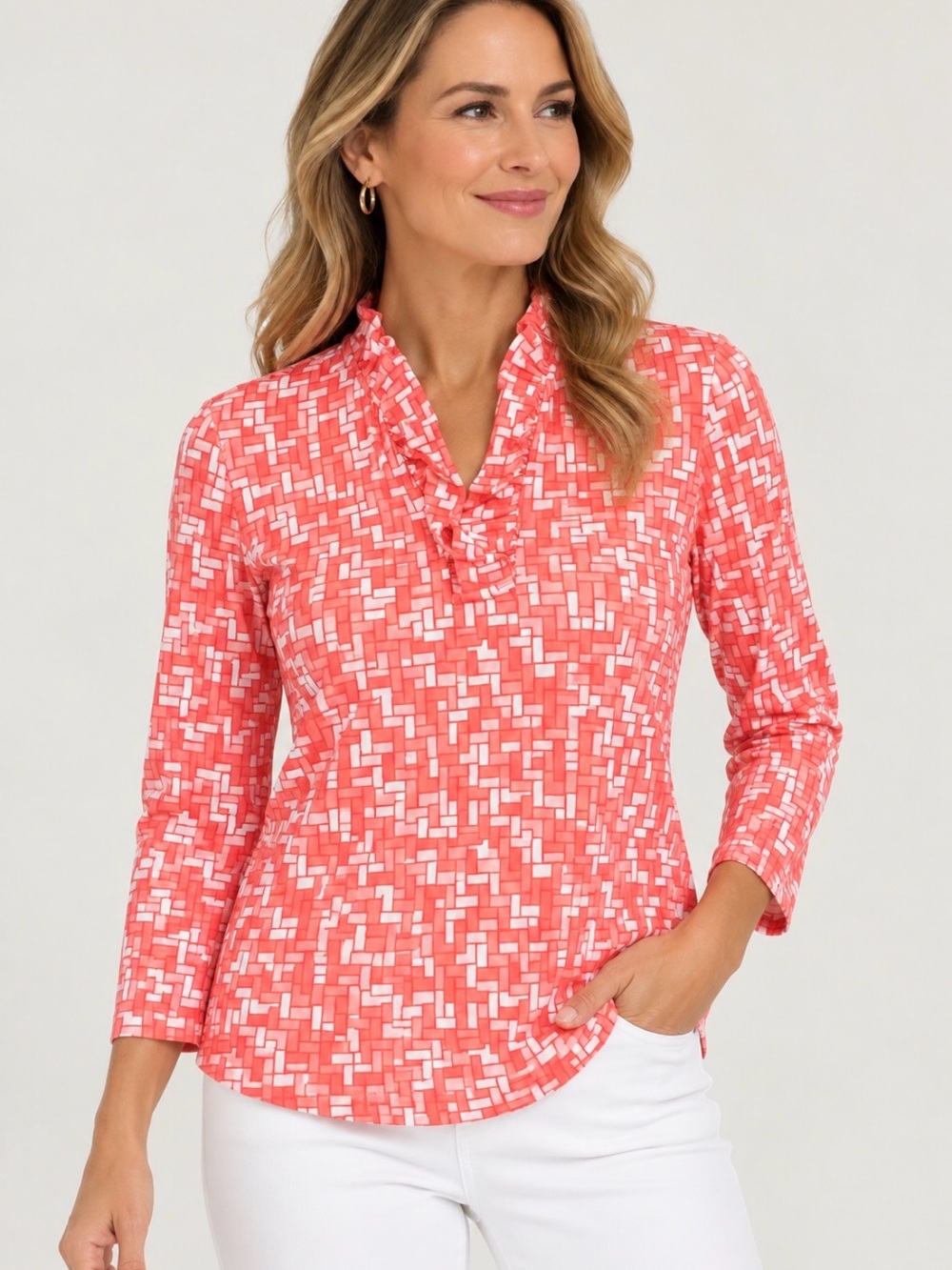 J. McLaughlin Durham Three Quarter Sleeve Coral snd Pink Geo Print